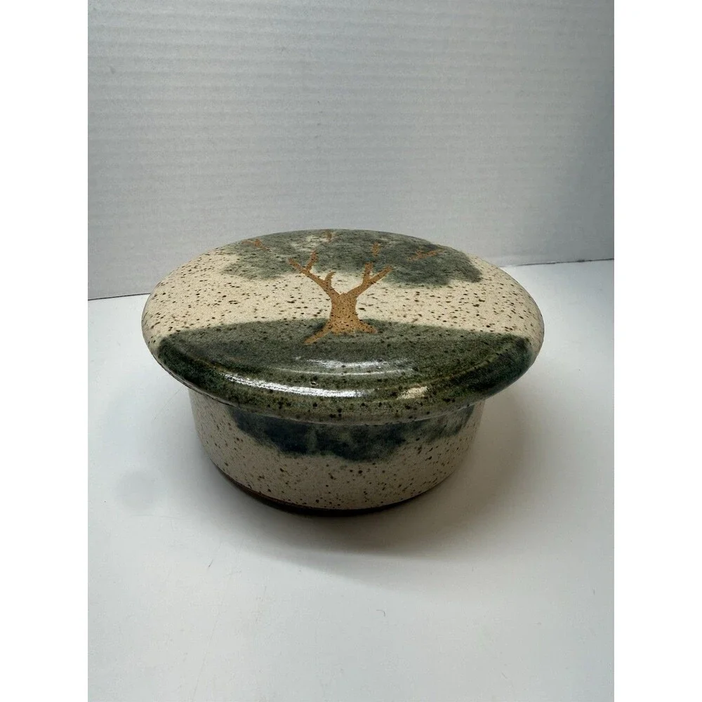 Art Pottery French Butter Keeper 5.5” Round Tree Design